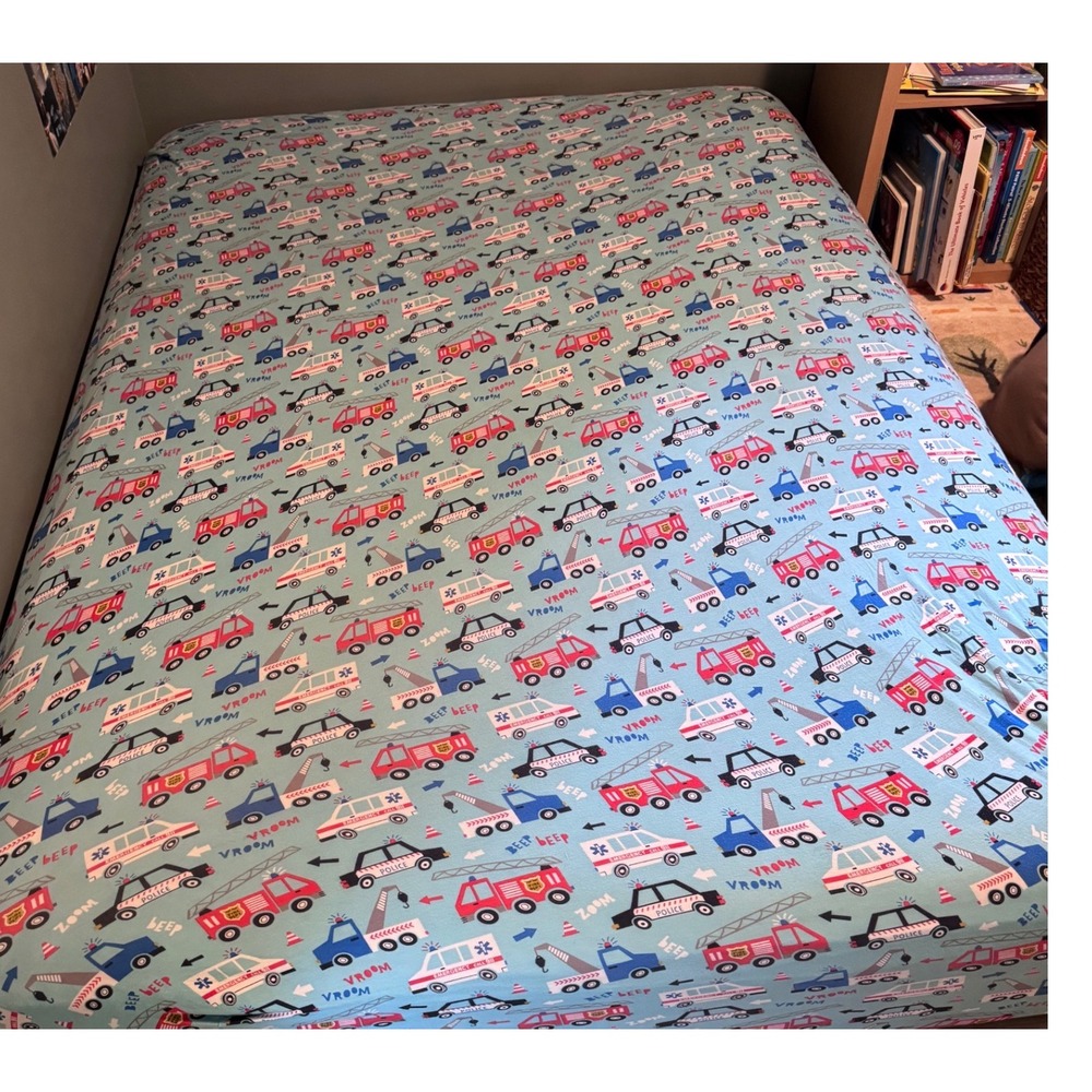 Kids Emergency Vehicle Fitted Sheet Blue Fire Truck Police Car Ambulance Print